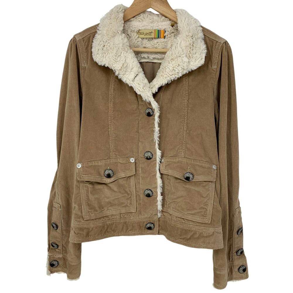 True Grit Corduroy Faux Fur Button Front Jacket Size S Tan Retro Flap Pockets